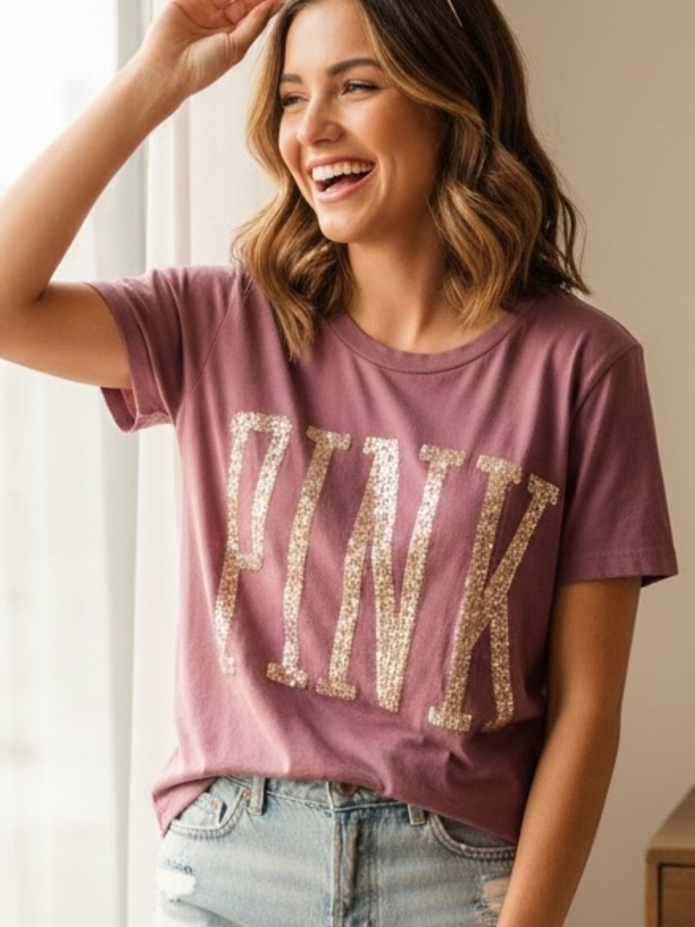 Victoria's Secret PINK Bling Iridescent Campus Tee Shirt Mauve/Plum L